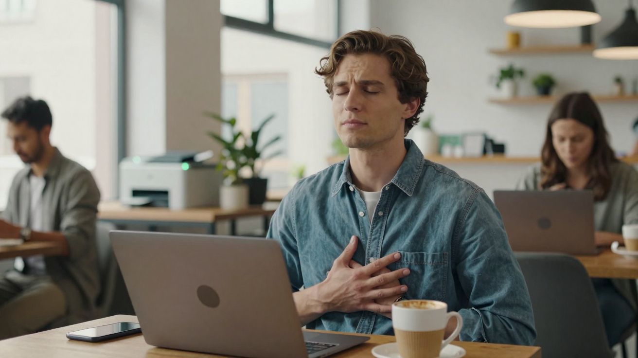 Homem em escritório com expressão de dor, segurando o peito sentado diante de laptop com café à frente.