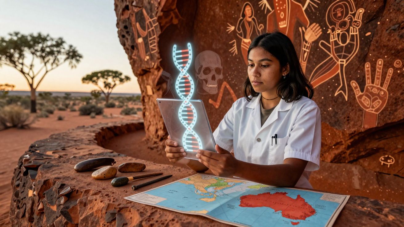 Mulher em jaleco consulta DNA holográfico com mapa da Austrália e pinturas rupestres ao fundo no deserto.