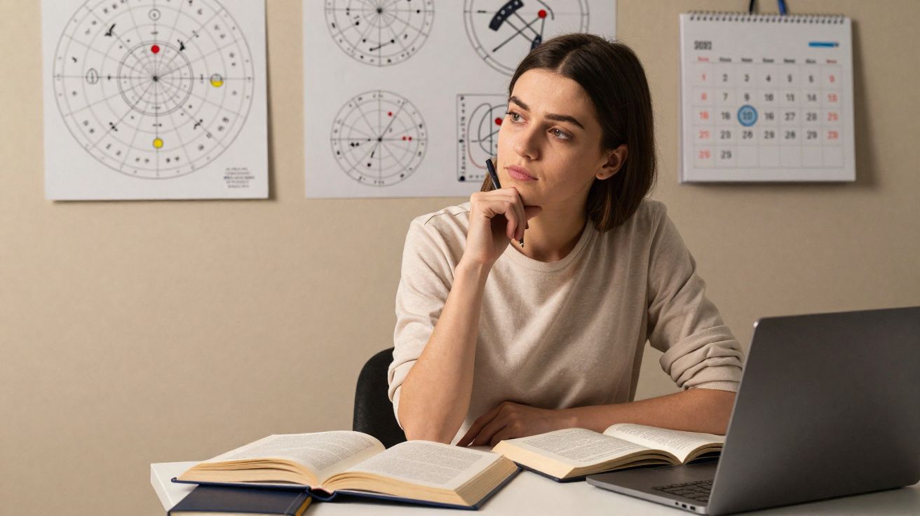 Jovem mulher pensativa sentada à mesa com livros abertos e laptop, mapas astrológicos e calendário ao fundo.