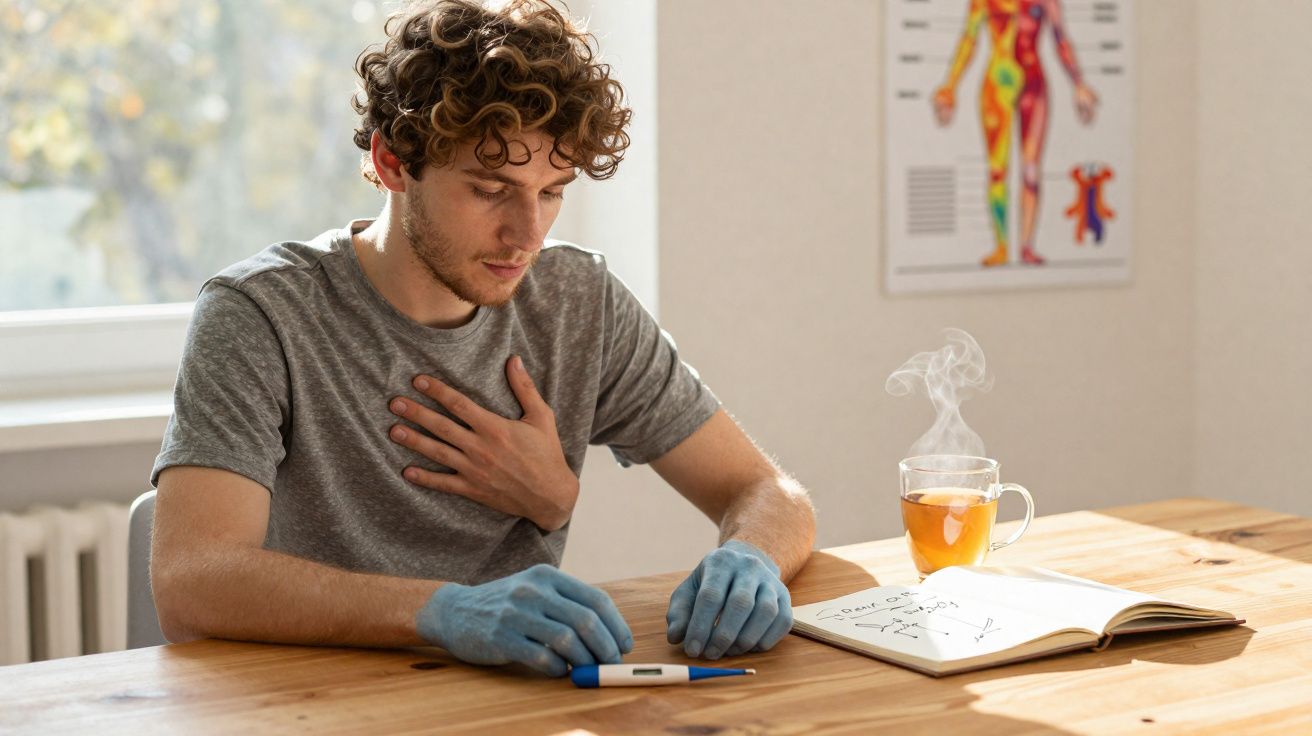 Homem com luvas azuis olhando termômetro com preocupação, ao lado de chá e livro aberto.
