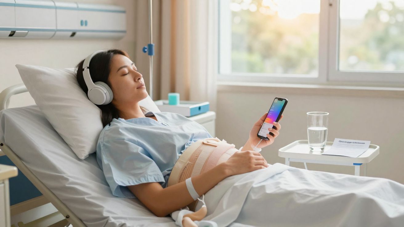Mulher grávida deitada em cama de hospital, ouvindo música com fones e segurando celular.