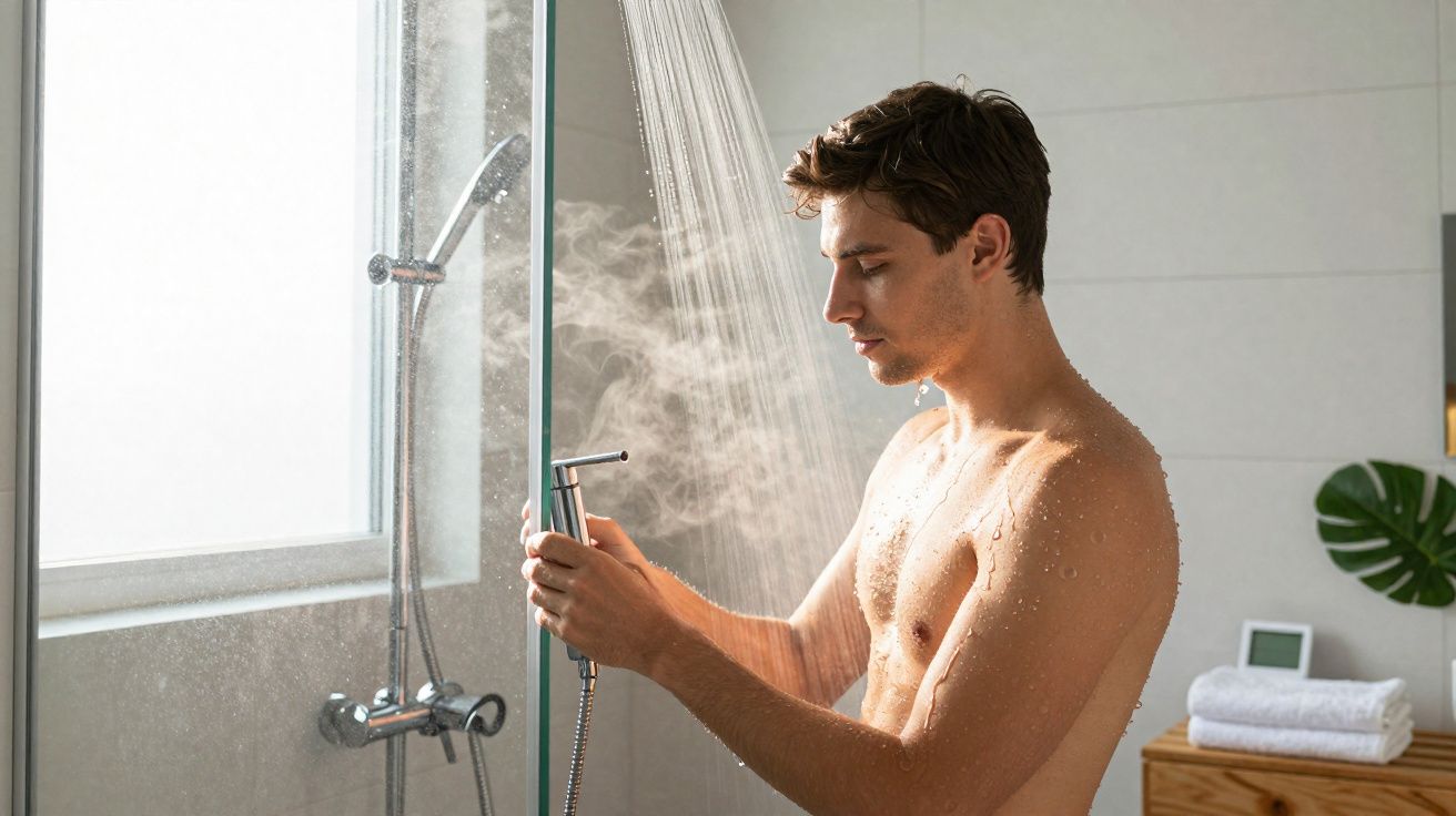 Homem tomando banho em chuveiro moderno de vidro em banheiro claro com toalhas e planta decorativa.