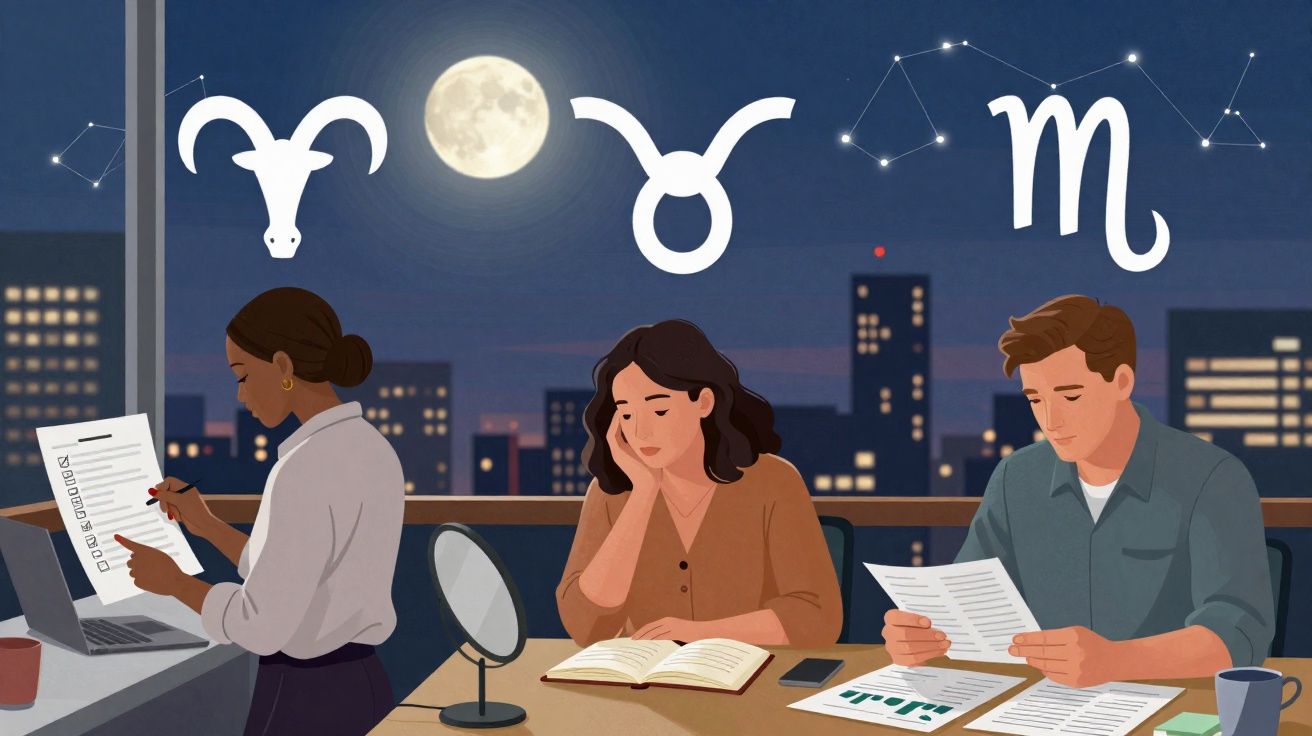 Três pessoas estudam à noite sob signos astrológicos com lua cheia e céu estrelado ao fundo.