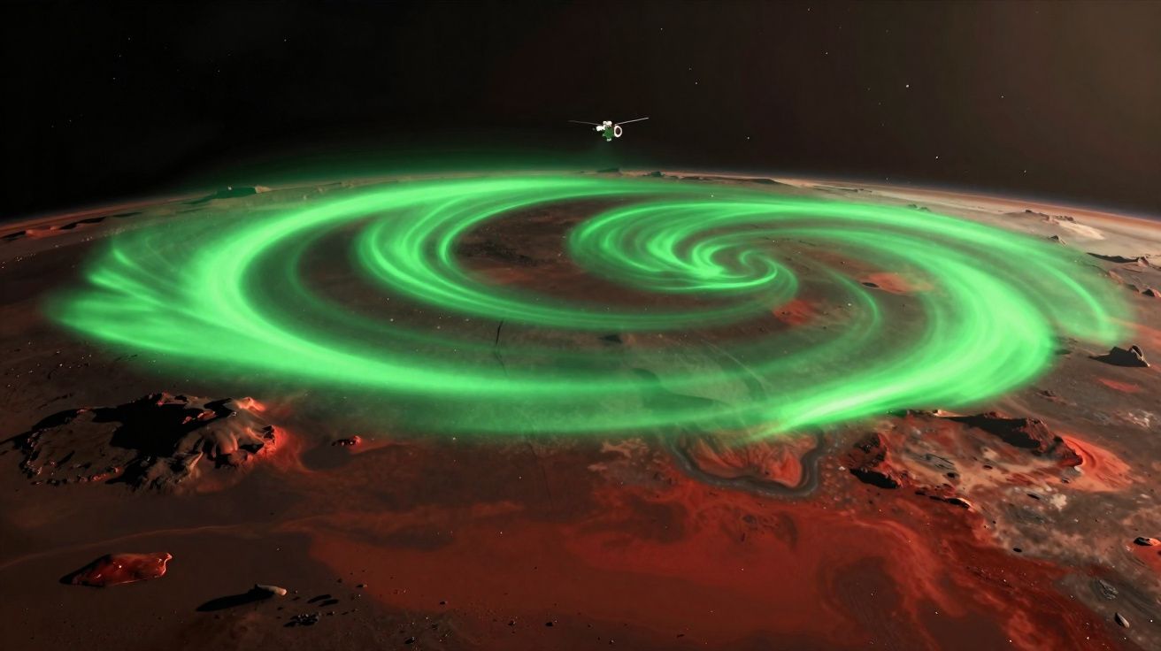 Aurora verde em formato espiral sobre a superfície vermelha e rochosa de um planeta, com uma sonda espacial ao fundo.