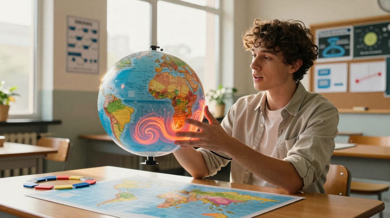 Jovem em sala de aula segurando globo terrestre com destaque para furacões na costa da África.