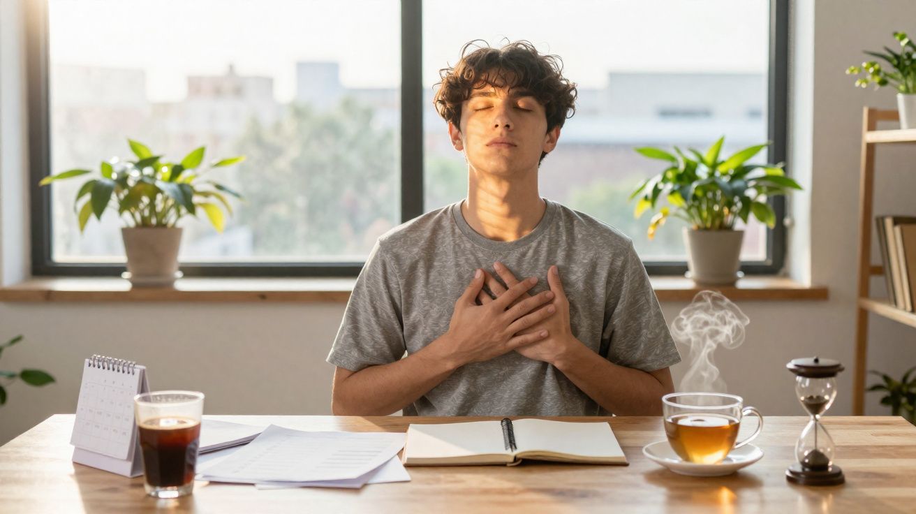 Jovem sentado em mesa com caderno e chá, olhos fechados e mãos no peito em momento de reflexão.