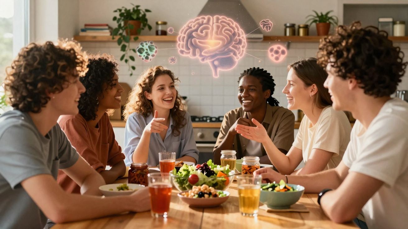 Grupo diversificado de jovens compartilhando refeição e conversa animada em cozinha moderna com holograma de cérebro acima.