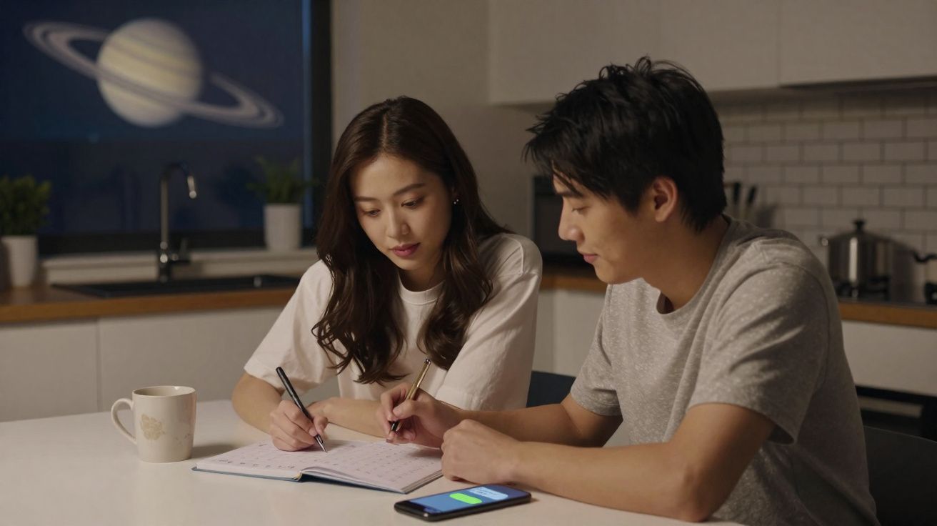 Casal jovem estudando junto na cozinha, com xícara, celular e desenho de planeta na parede atrás.