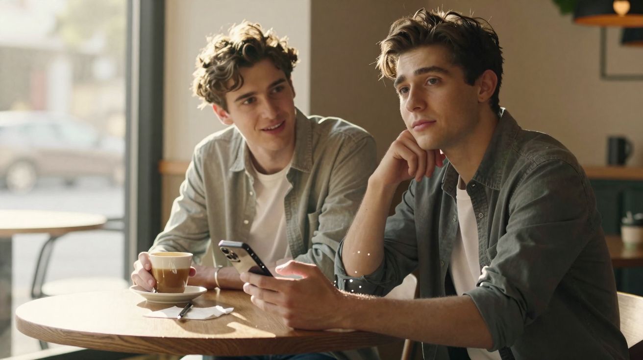 Dois jovens sentados em cafeteria, um com café e outro olhando para o celular, em conversa descontraída.