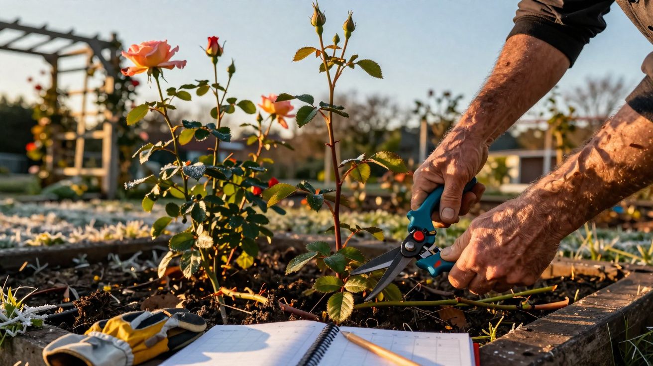 Pessoa podando roseira com tesoura de poda em jardim ao entardecer, com livro e luvas ao lado.