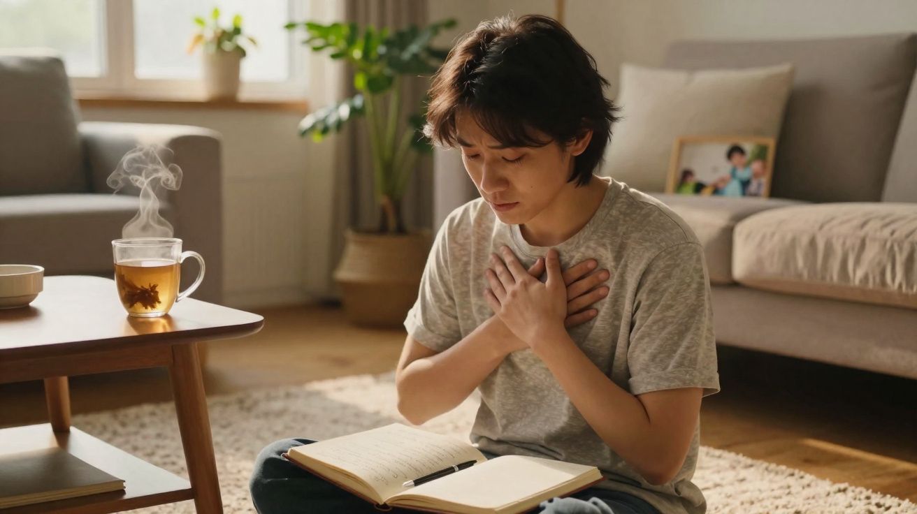 Pessoa sentada no chão de sala, segurando o peito e lendo um livro aberto sobre um caderno.