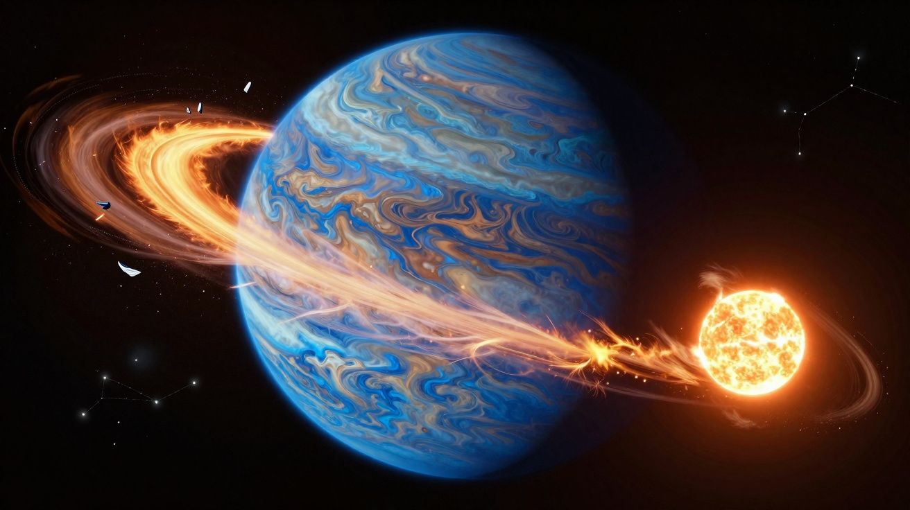 Planeta azul com anéis brilhantes laranja conectado a uma estrela incandescente no espaço sideral.