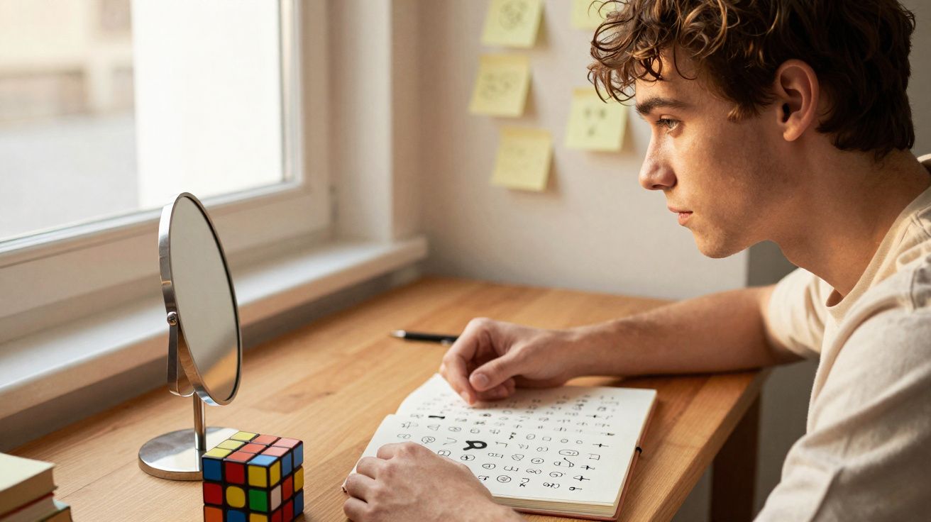 Jovem estudando um caderno com exercícios em uma mesa próxima à janela, com espelho e cubo mágico.