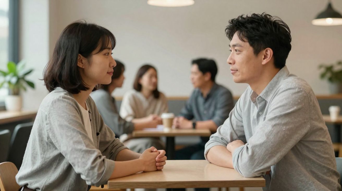 Casal jovem conversando em mesa de cafeteria com outras pessoas ao fundo em ambiente iluminado.