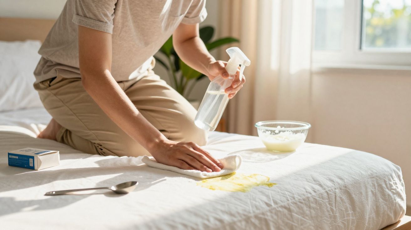 Pessoa com spray e pano limpando mancha amarela em lençol branco sobre cama em quarto iluminado.
