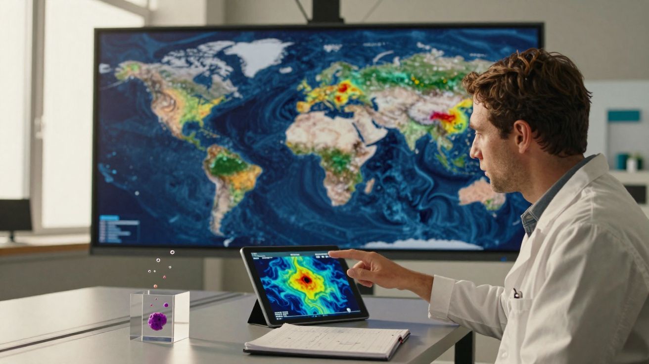 Homem de jaleco analisando mapa climático em tablet com mapa-múndi ao fundo em sala de estudo.