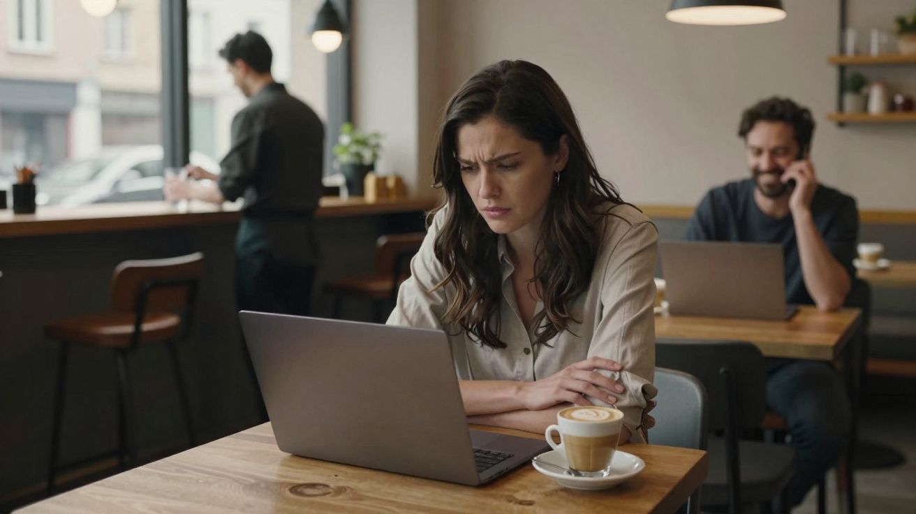 Mulher concentrada e preocupada trabalha no laptop em cafeteria com xícara de café à frente.