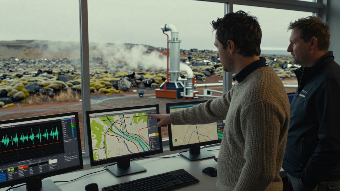 Dois homens analisam mapas e dados sísmicos em monitores dentro de uma sala com vista para área vulcânica externa.