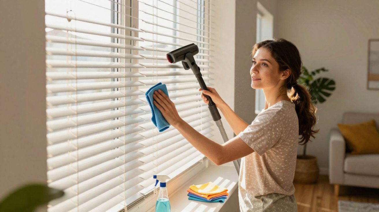 Mulher limpando persiana branca com pano azul e aspirador em sala iluminada.
