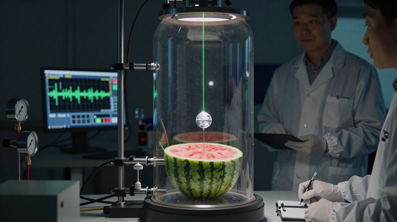 Experimento científico com melancia cortada ao meio, laser e pesquisadores em laboratório.
