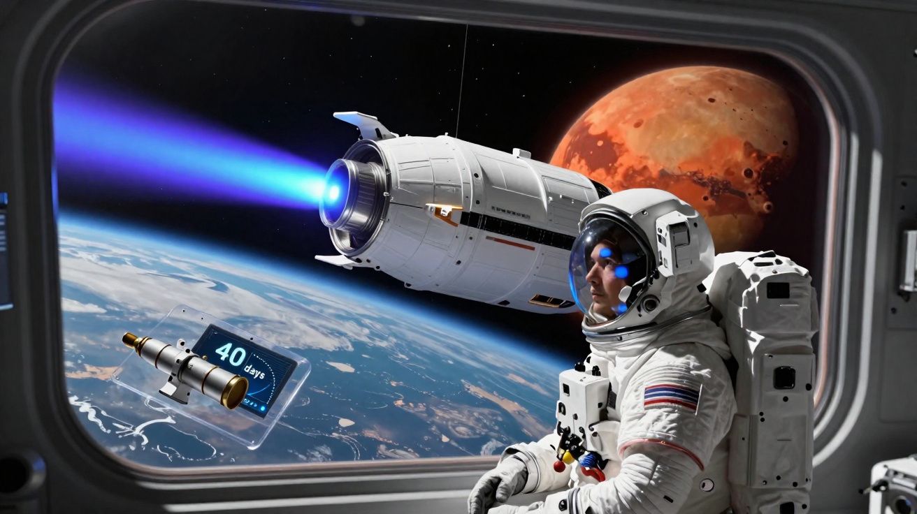 Astronauta dentro de nave espacial olhando para a Terra com foguete e planeta vermelho ao fundo.