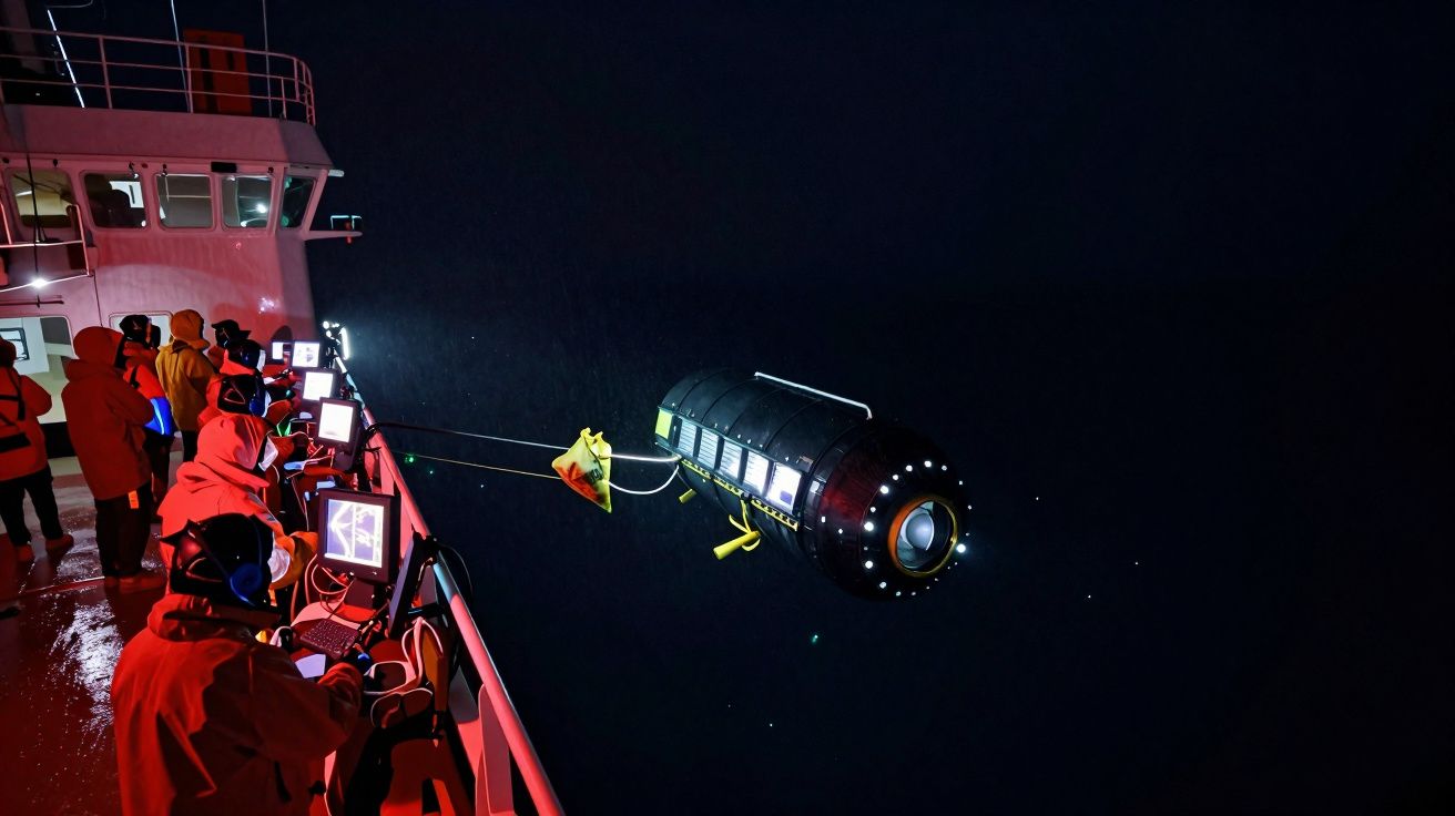Equipe monitora o lançamento de veículo subaquático iluminado durante operação noturna no mar.