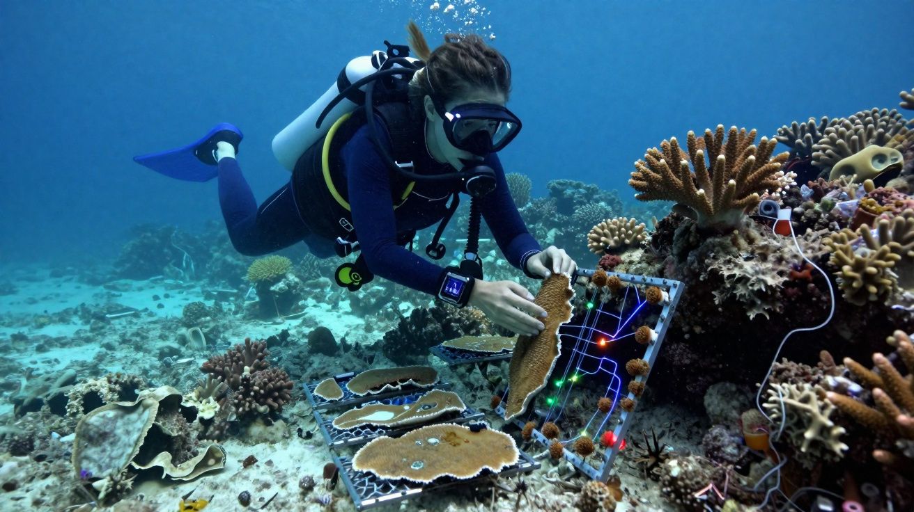 Mergulhadora cientista coleta amostras em recife de coral para estudo ambiental marinho.