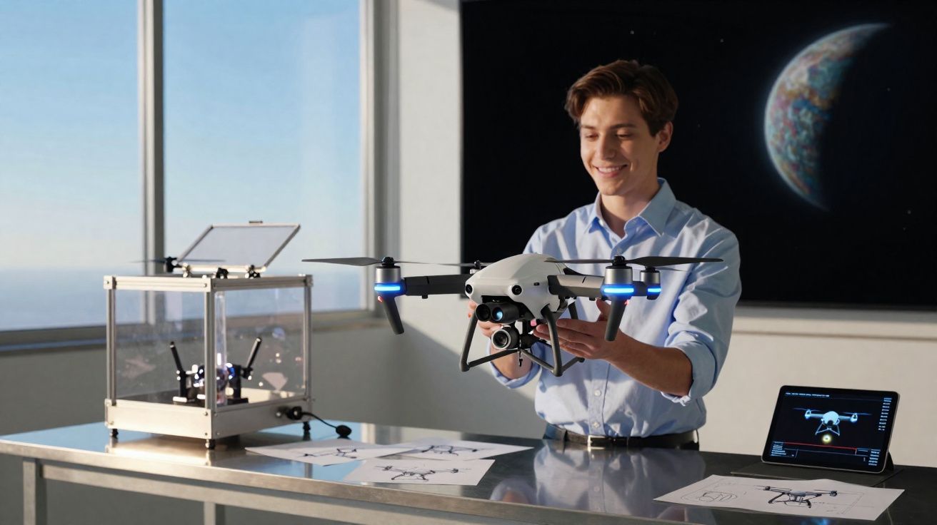 Jovem segurando drone branco em mesa com desenhos, tablet e impressora 3D em ambiente moderno.