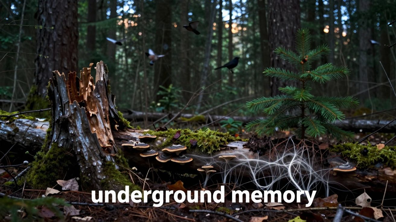Floresta com tronco caído coberto de cogumelos e musgo, pequenos pássaros voando e pinheiro jovem ao lado.