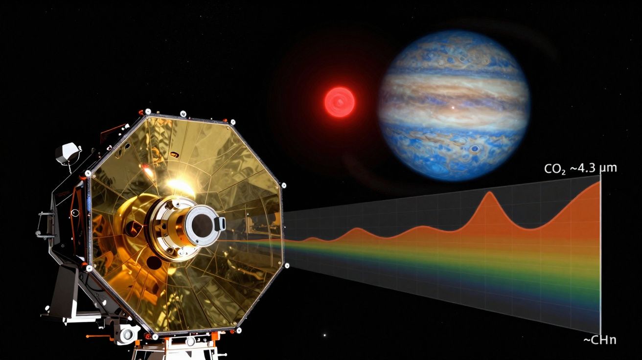 Ilustração de telescópio espacial observando planeta e estrela com espectro de análise de CO₂ e metano.