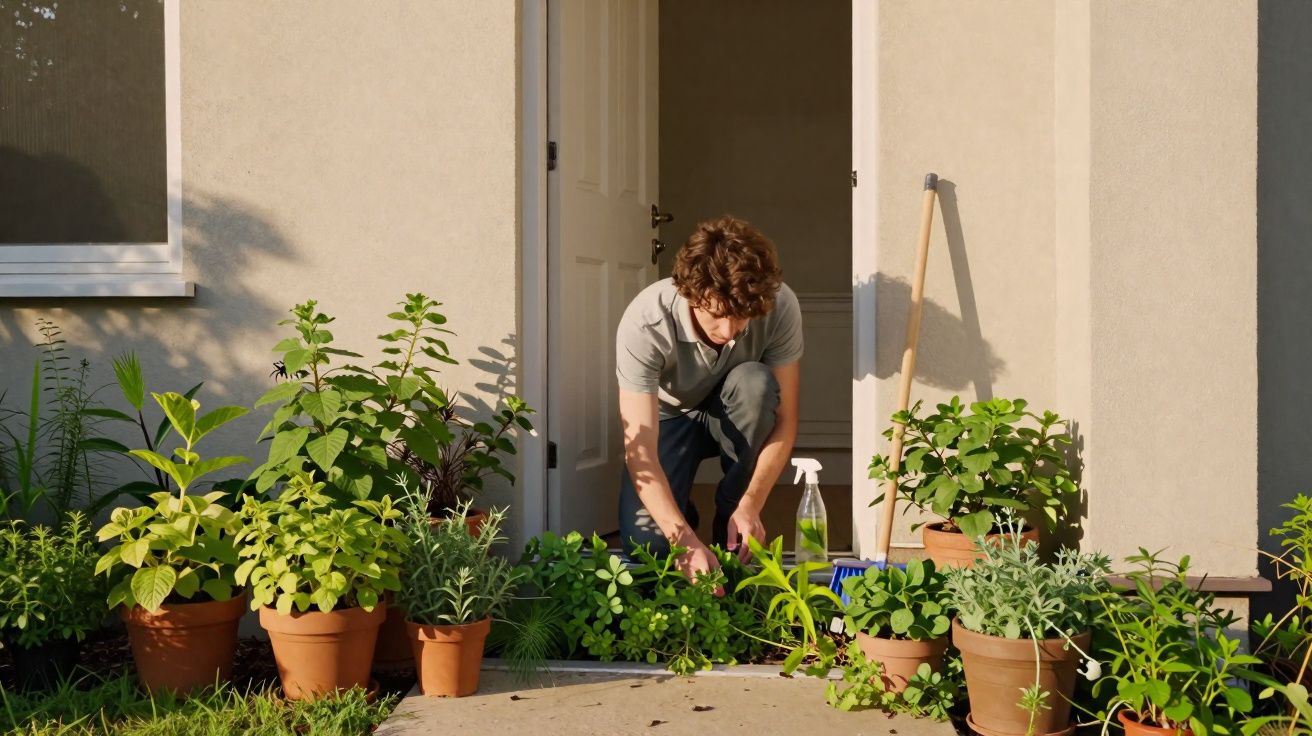 Pessoa cuidando de plantas em vasos na entrada de casa durante o dia ensolarado.
