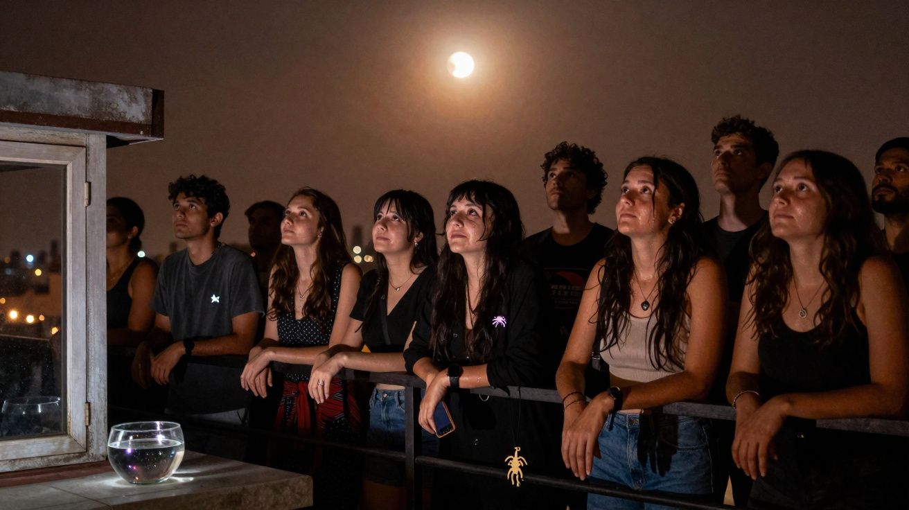 Grupo de pessoas observando eclipse lunar em ambiente noturno ao ar livre.