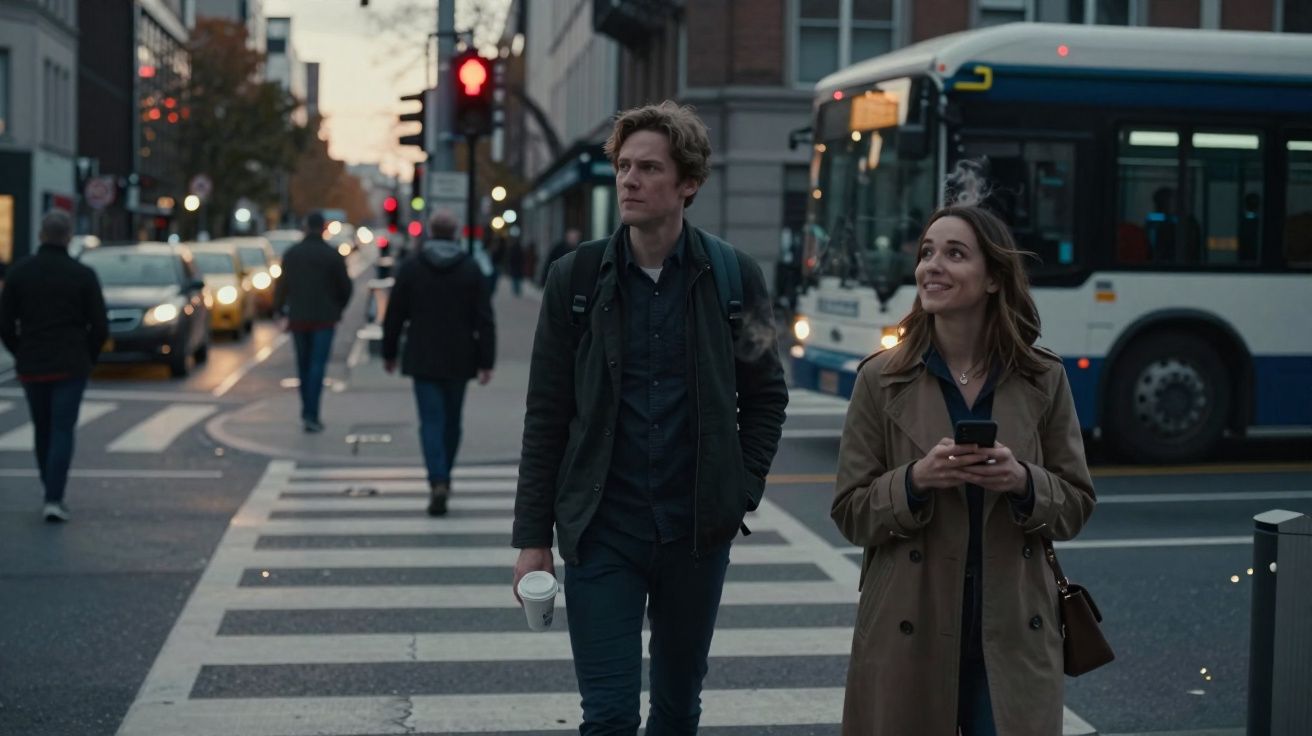 Homem e mulher atravessam faixa de pedestres em rua movimentada com ônibus ao fundo.