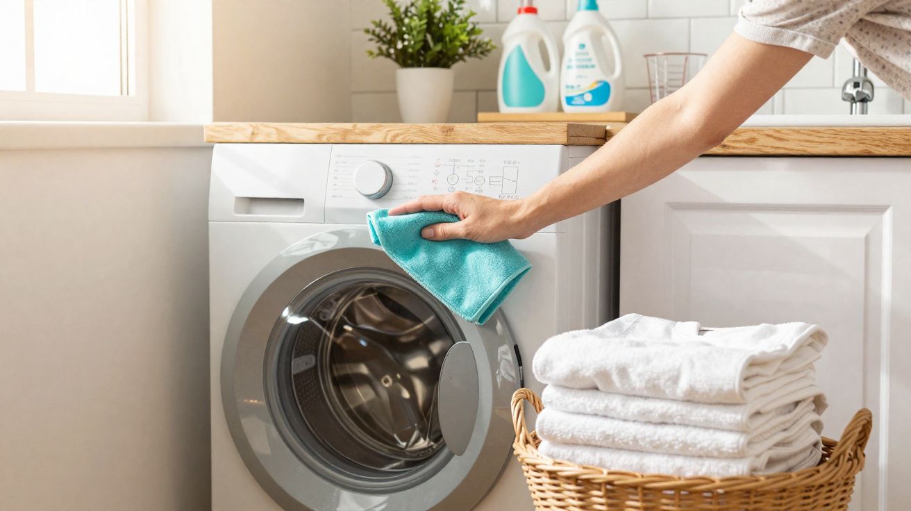 Pessoa limpando máquina de lavar roupa ao lado de cesta com toalhas brancas dobradas.