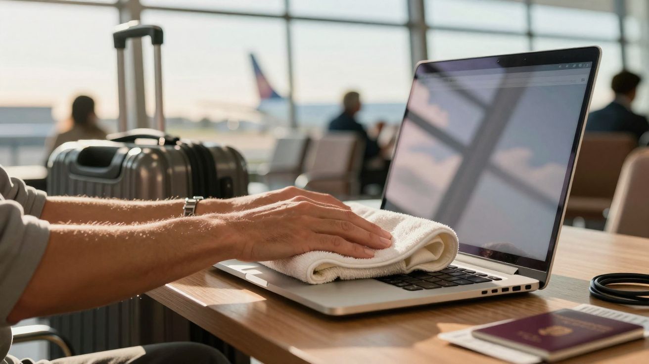 Pessoa limpando teclado de notebook com pano branco em área de embarque de aeroporto, mala e passaporte ao lado.