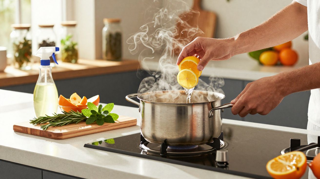 Pessoa espremendo limão e laranja em panela com vapor sobre fogão na cozinha moderna.