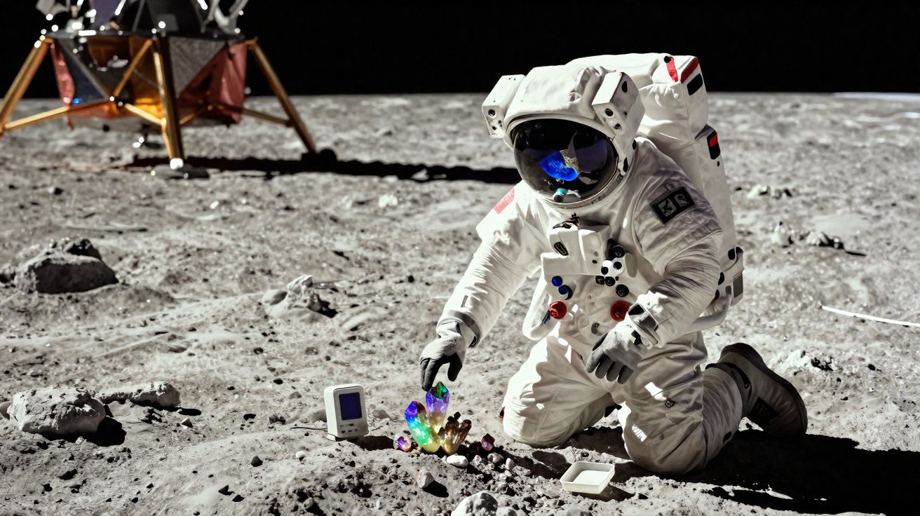 Astronauta em traje espacial coleta cristais coloridos na superfície da lua com módulo lunar ao fundo.