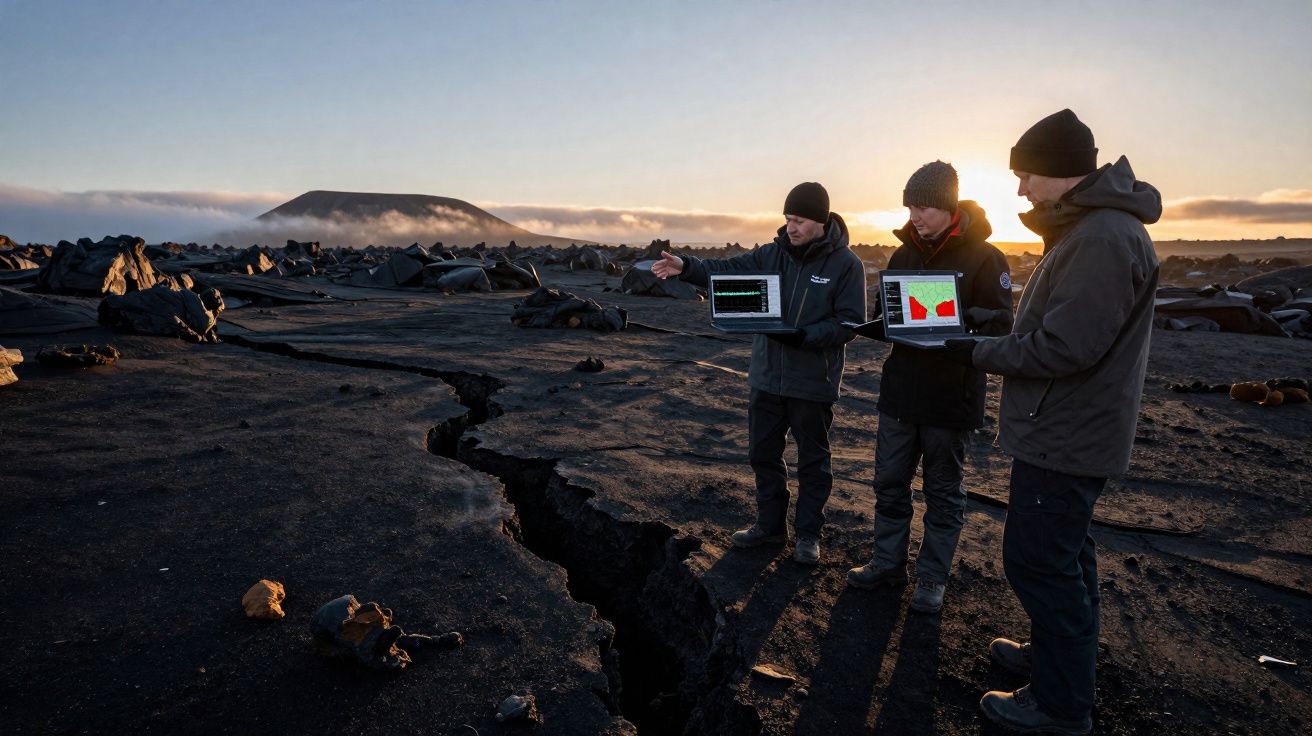 Três pessoas com roupas de frio analisam dados em laptops perto de uma grande fissura no solo durante o pôr do sol.