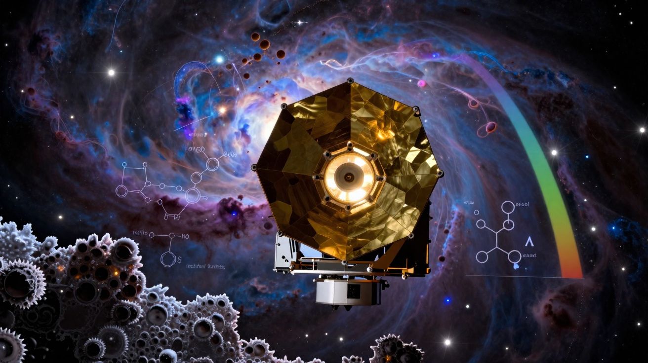 Telescópio espacial dourado flutua no espaço com fundo de nebulosa colorida, moléculas e engrenagens.