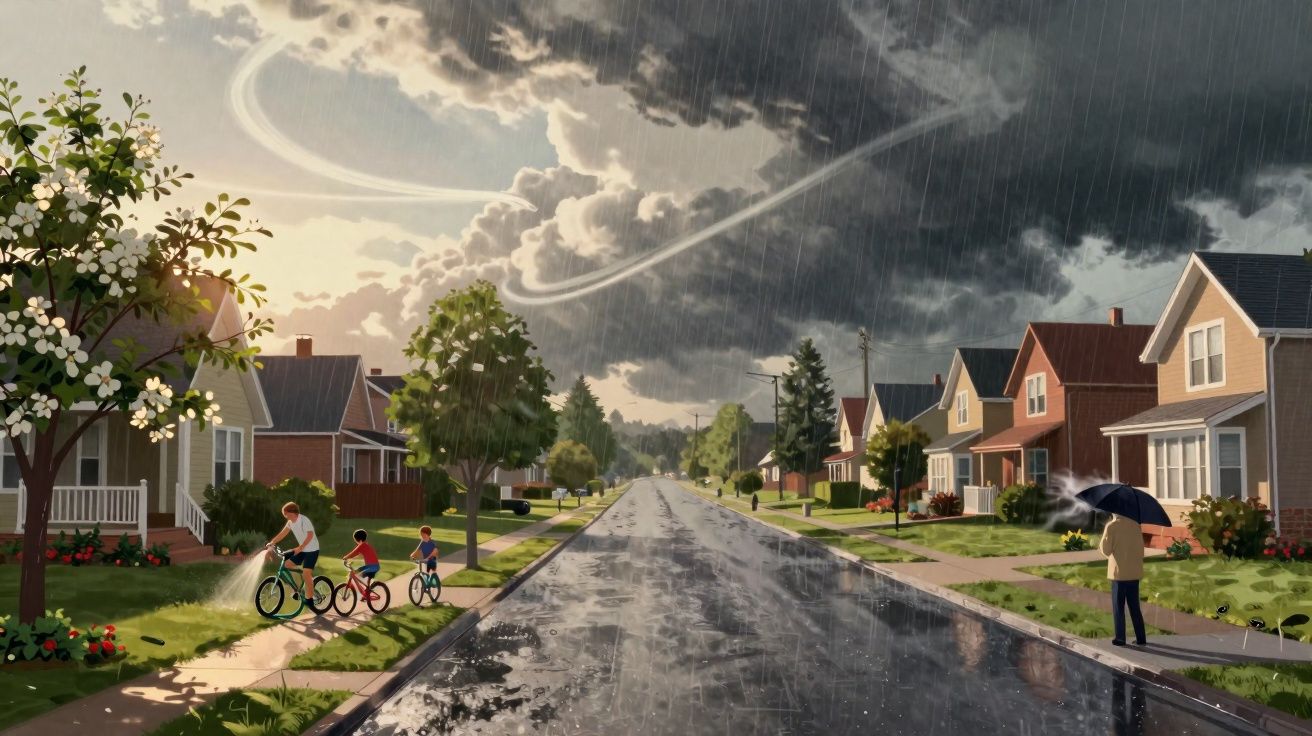 Rua residencial em dia chuvoso, com céu nublado, três crianças na calçada e uma pessoa com guarda-chuva.