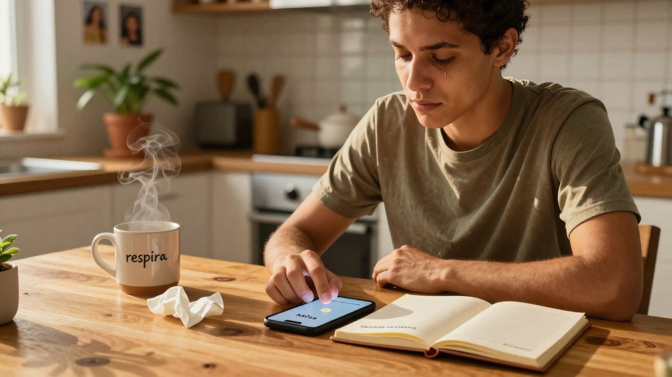 Jovem triste encostando dedo em tela de smartphone, com livro aberto, lenço usado e caneca na mesa.
