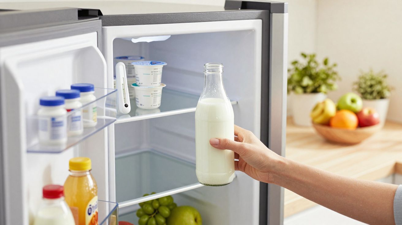 Mão segurando garrafa de vidro com leite ao abrir a geladeira cheia de alimentos e frutas.