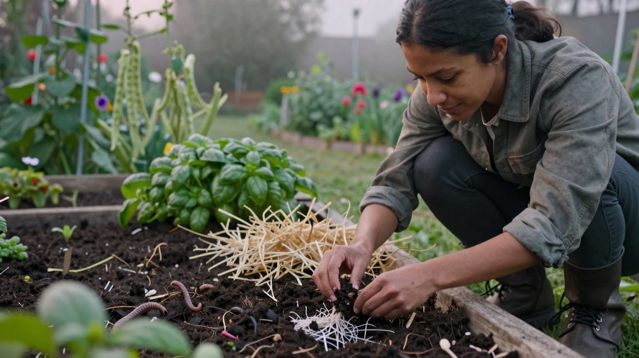 Mulher ajoelhada cuidando do solo e das minhocas em canteiro de horta orgânica ao ar livre.