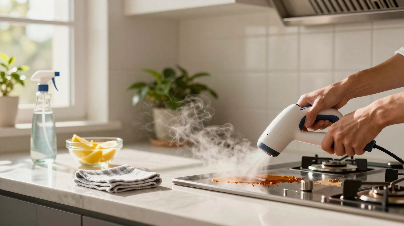 Mãos usando vaporizador para limpar sujeira que solta fumaça na superfície da cozinha moderna.