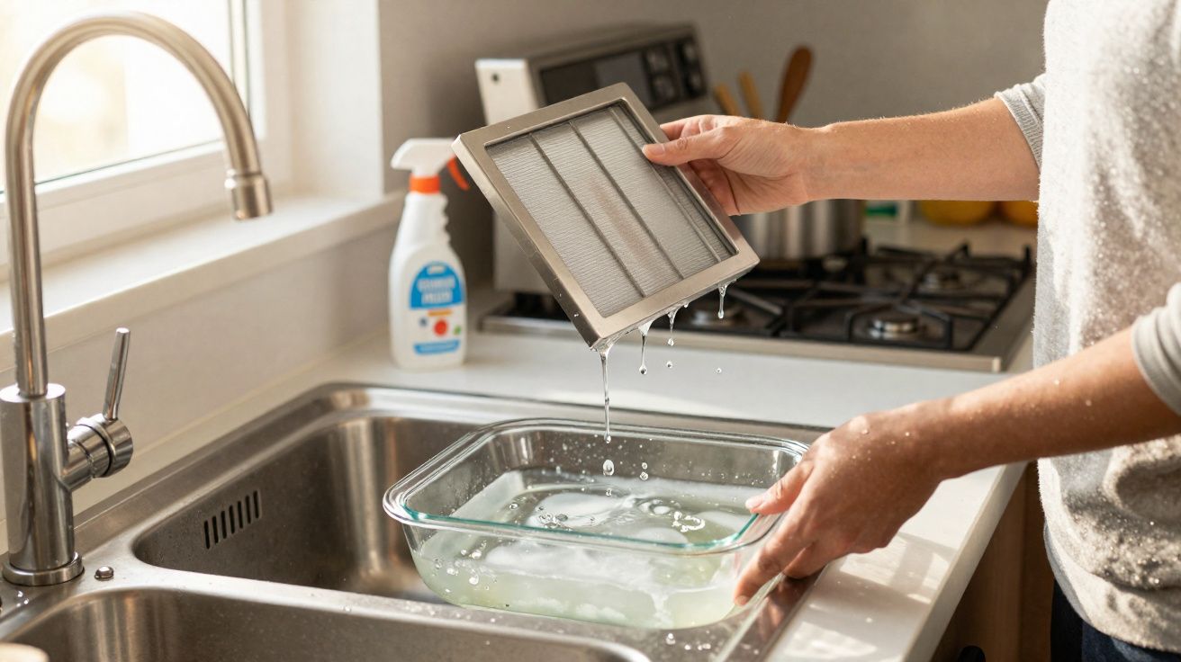 Pessoa lavando filtro de ar com água em pia de cozinha, com frasco de spray ao fundo.