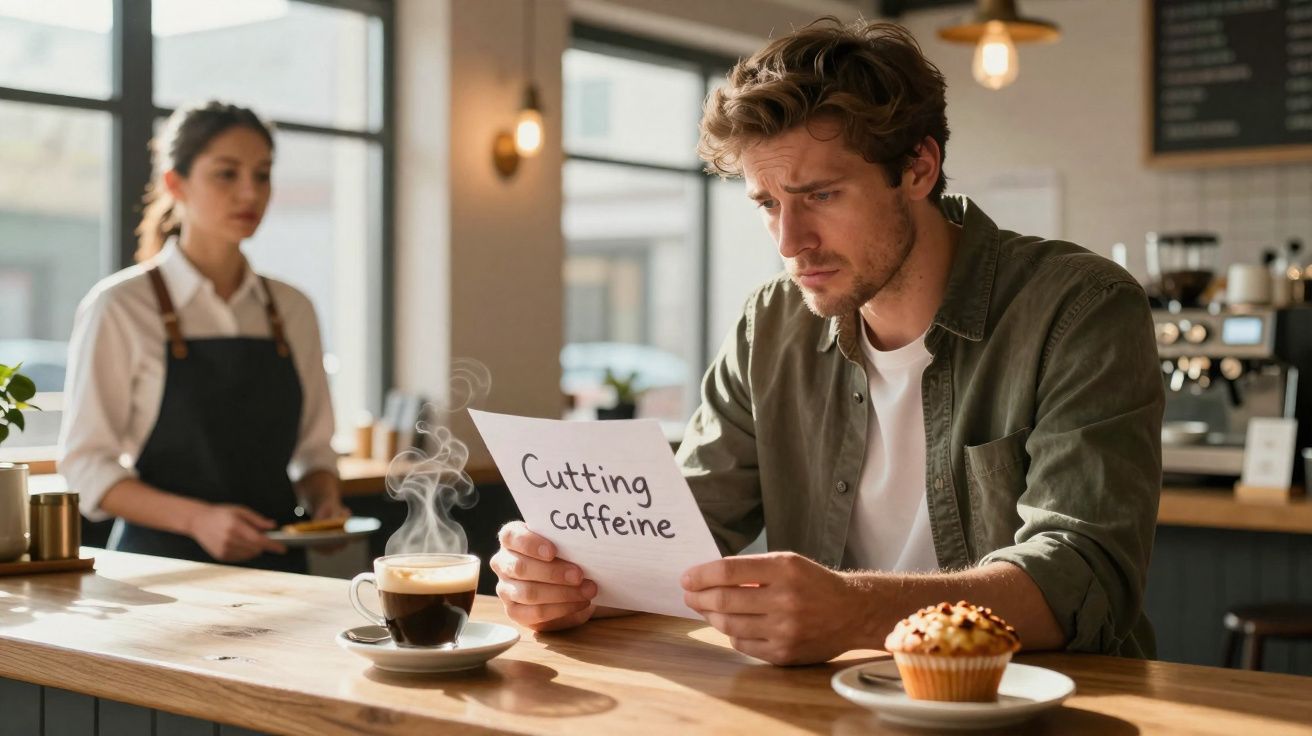 Homem sentado em café lendo papel escrito "Cutting caffeine" com xícara de café e muffin na mesa.