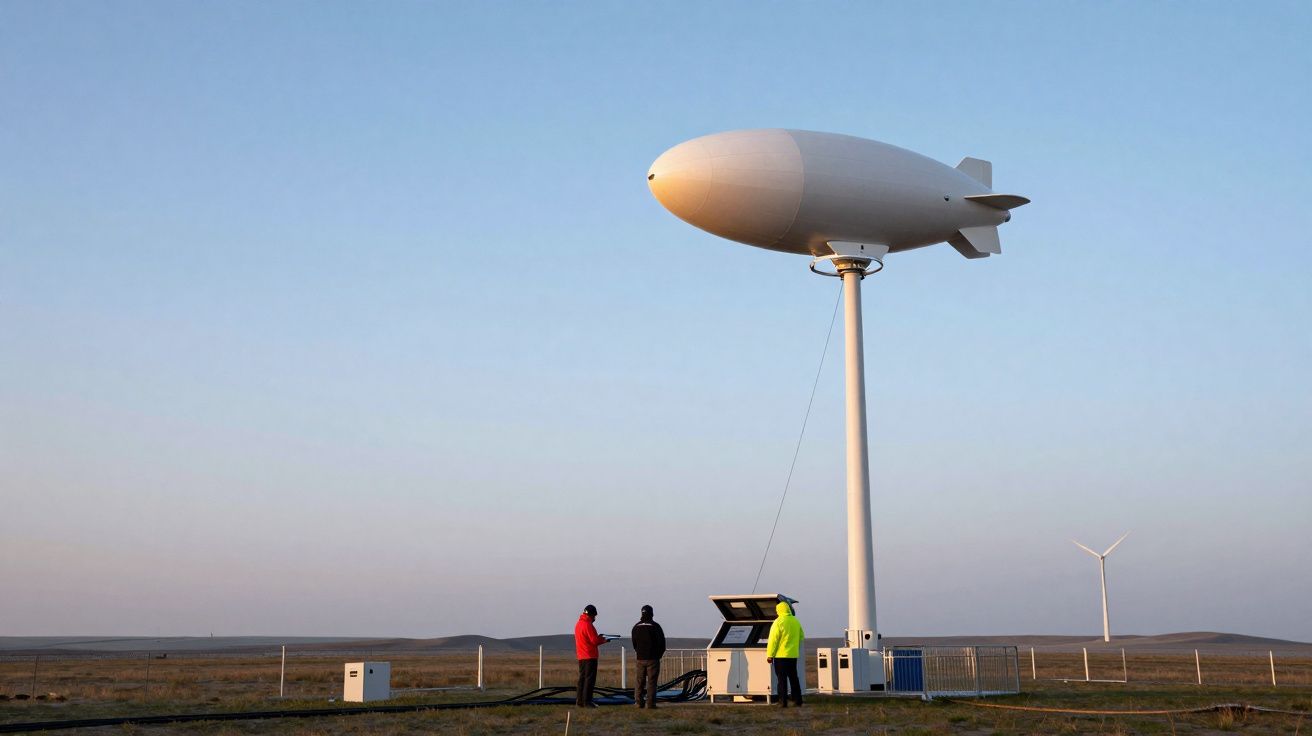 Balão aerostático branco ancorado com três pessoas próximas em campo aberto, ao entardecer.