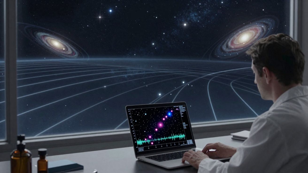 Homem analisando dados astronômicos em laptop com galáxias e estrelas visíveis pela janela à frente.