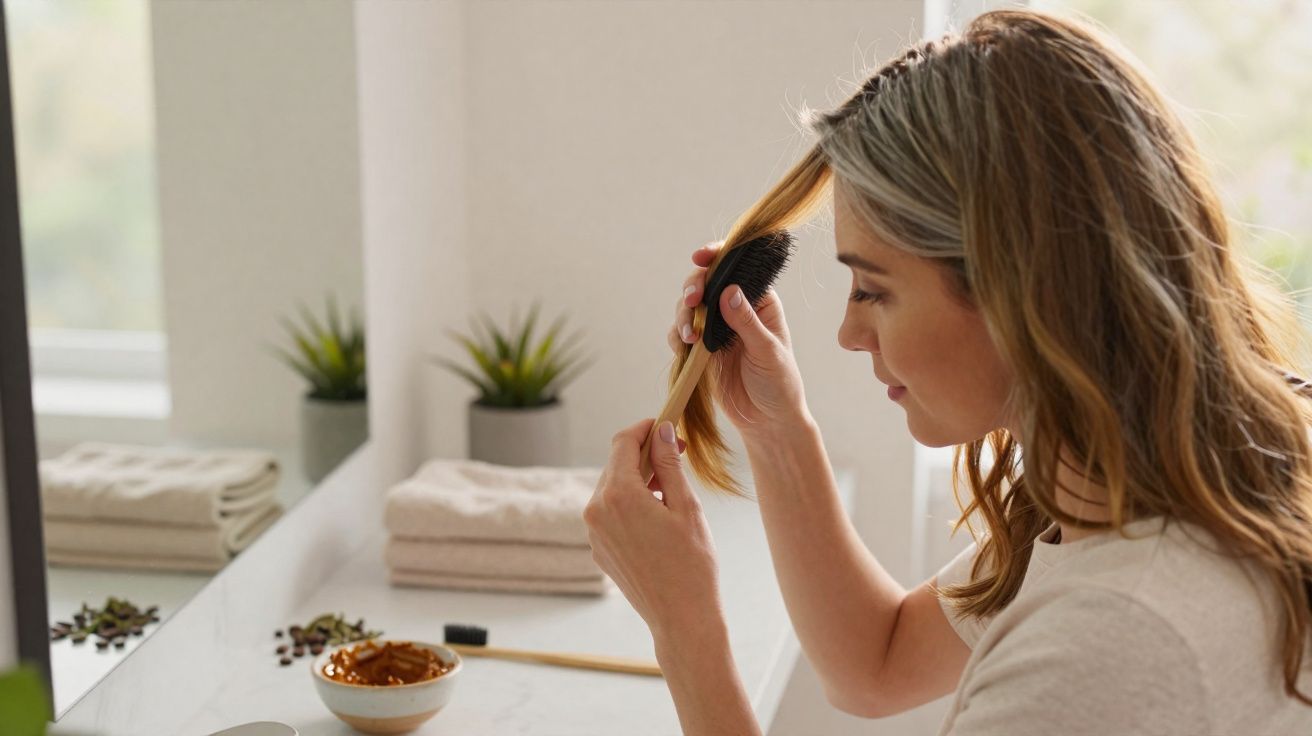 Mulher loira penteando mechas do cabelo em frente ao espelho no banheiro com plantas ao fundo.