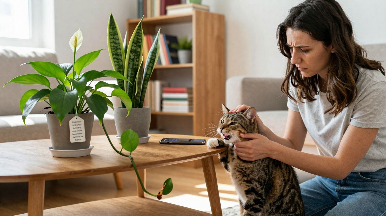 Mulher acariciando gato que parece desconfortável em sala com plantas e mesa de madeira.